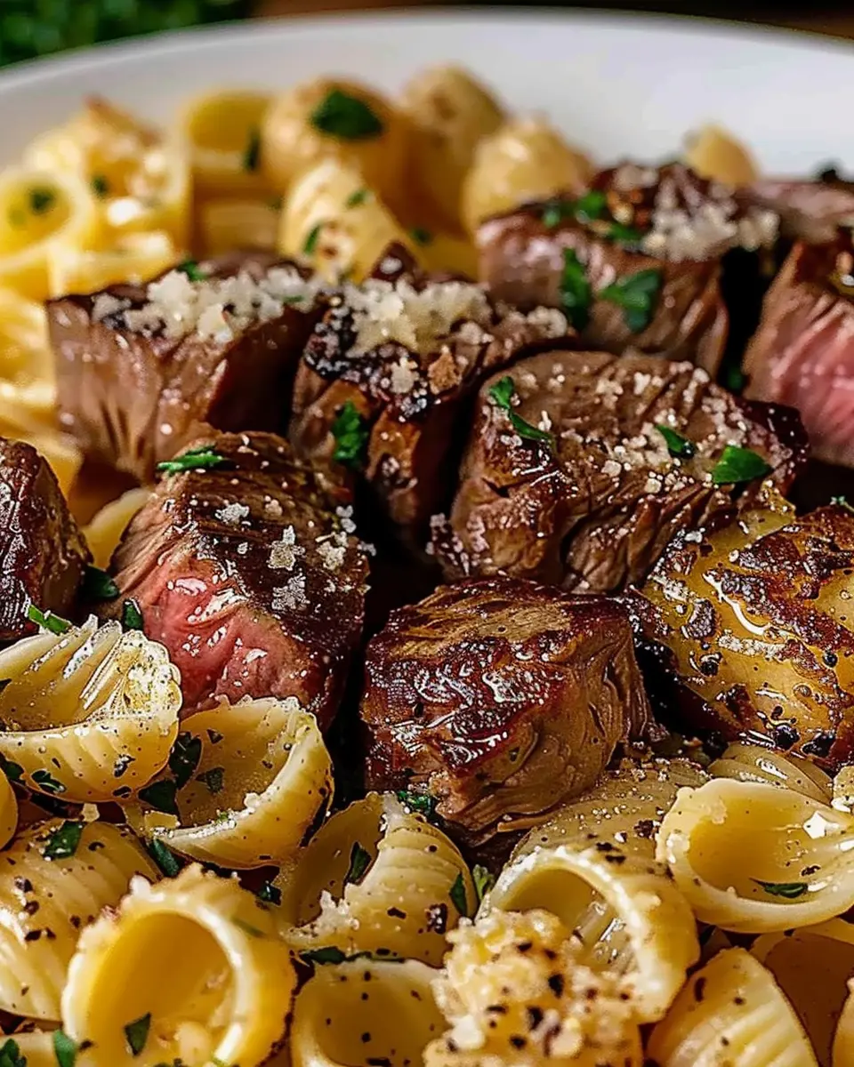Garlic Butter Steak Bites: Easy Recipe with Creamy Parmesan Pasta Shells