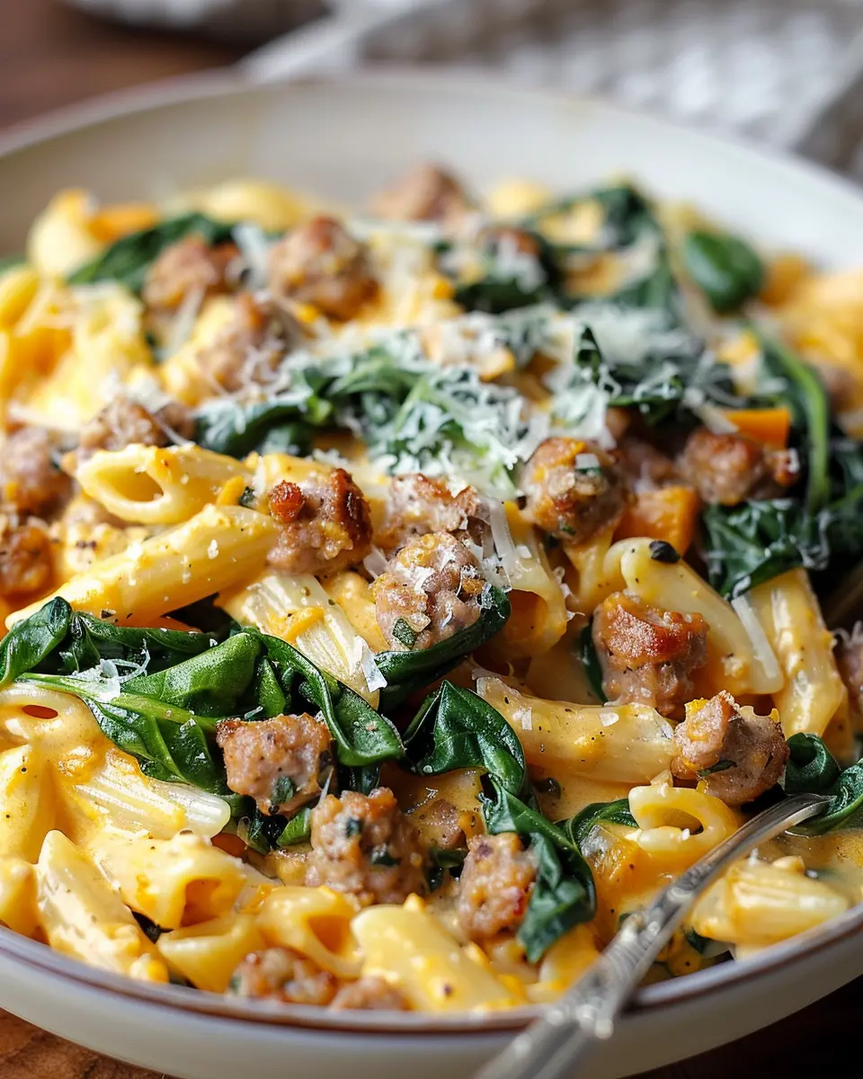 Creamy Butternut Squash Pasta: Indulgent Sausage and Spinach Delight