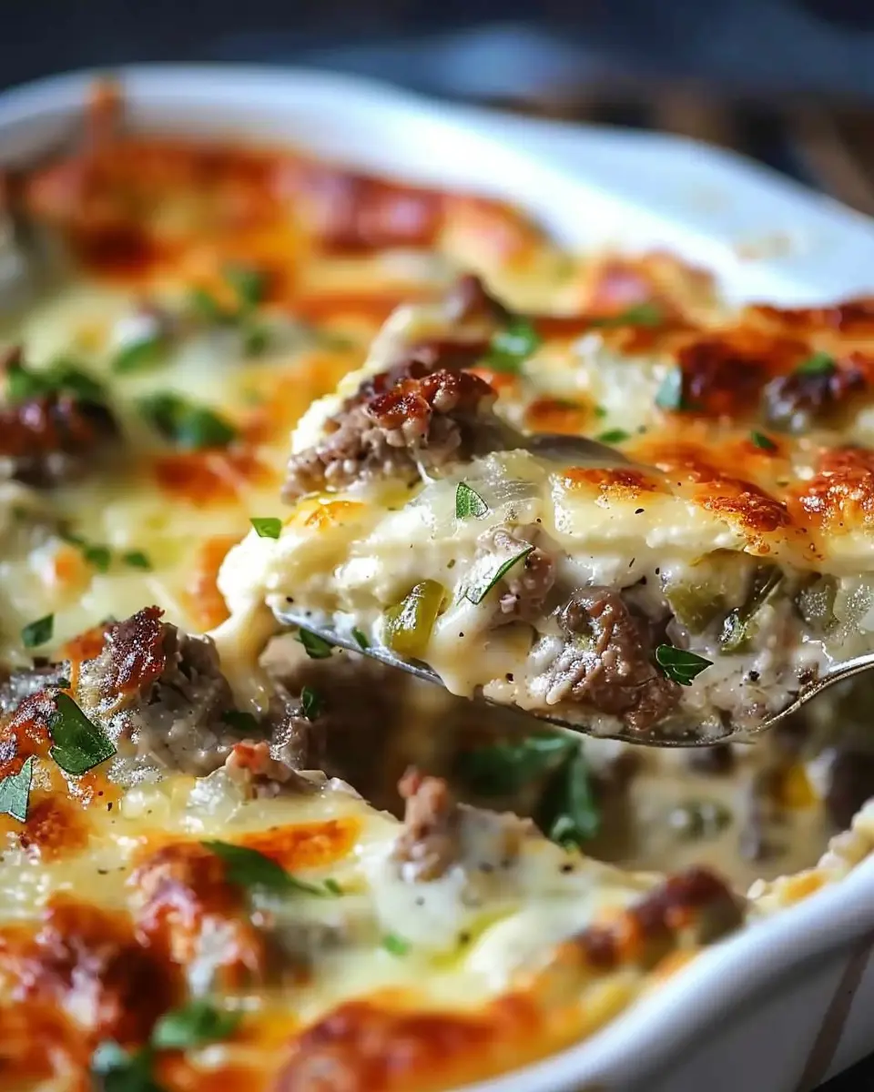 Low Carb Philly Cheesesteak Casserole with Turkey Bacon Delight