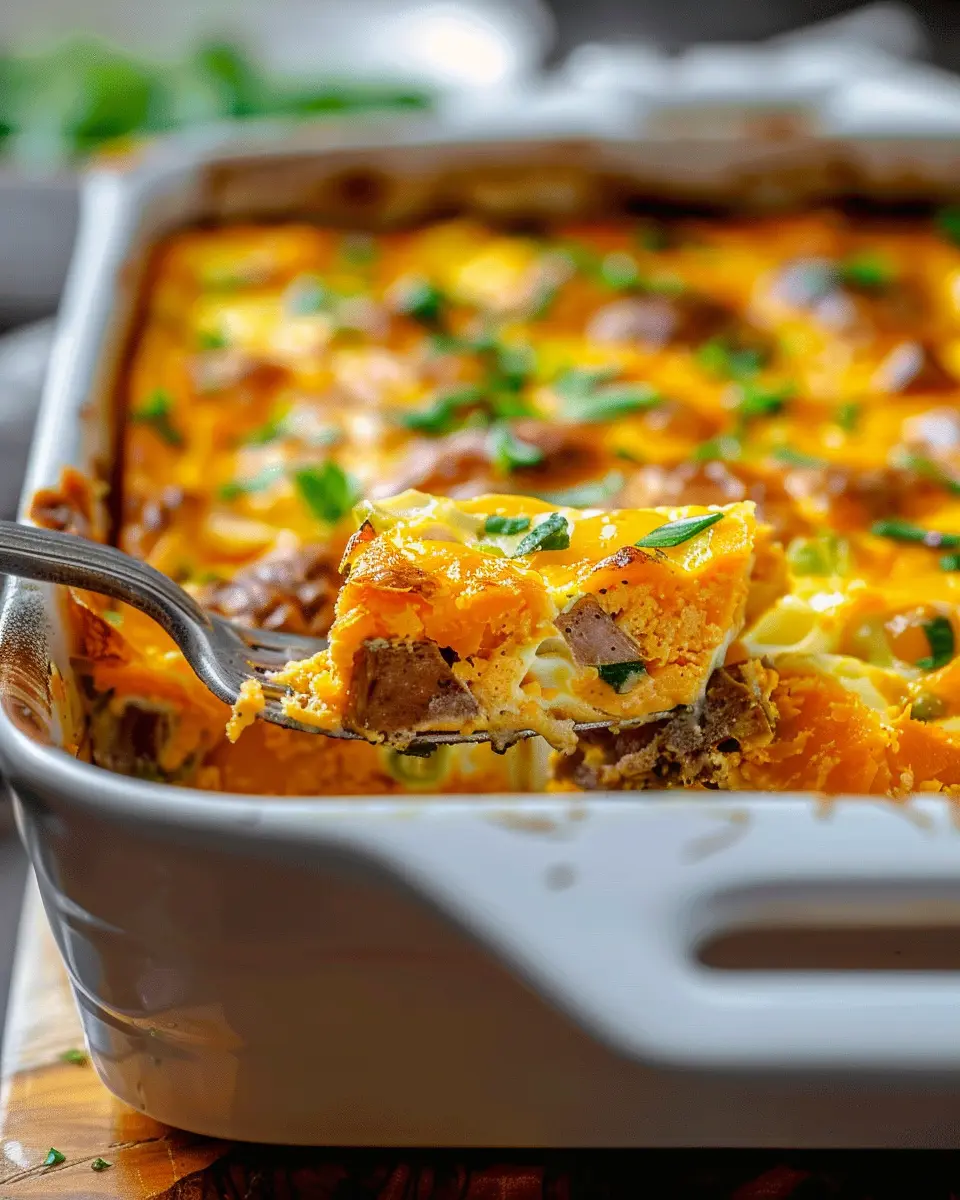 Easy Sweet Potato Egg Casserole with Turkey Bacon and Chicken Ham