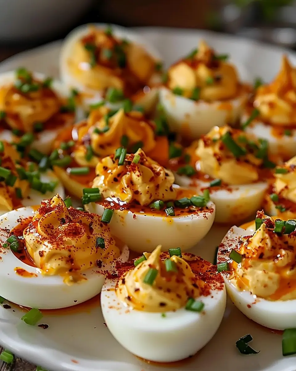 Spicy Chili Garlic Deviled Eggs with Turkey Bacon for a Fiery Kick