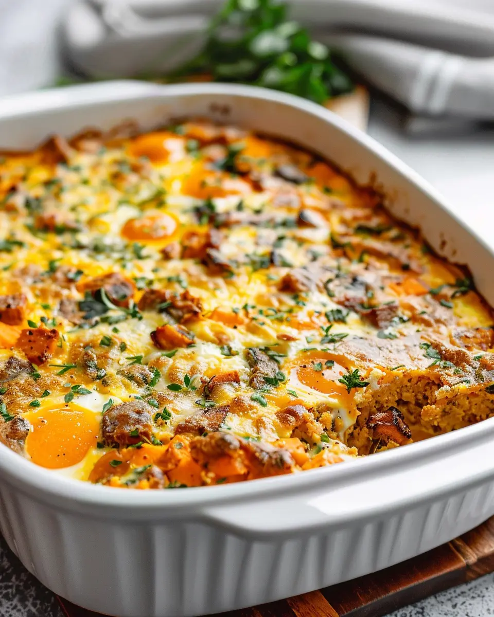 Easy Sweet Potato Egg Casserole with Turkey Bacon and Chicken Ham