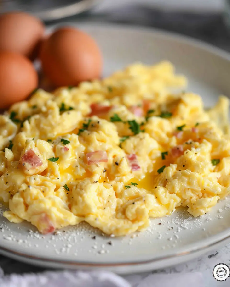 The Best Scrambled Eggs with Turkey Bacon and Chicken Ham Delight
