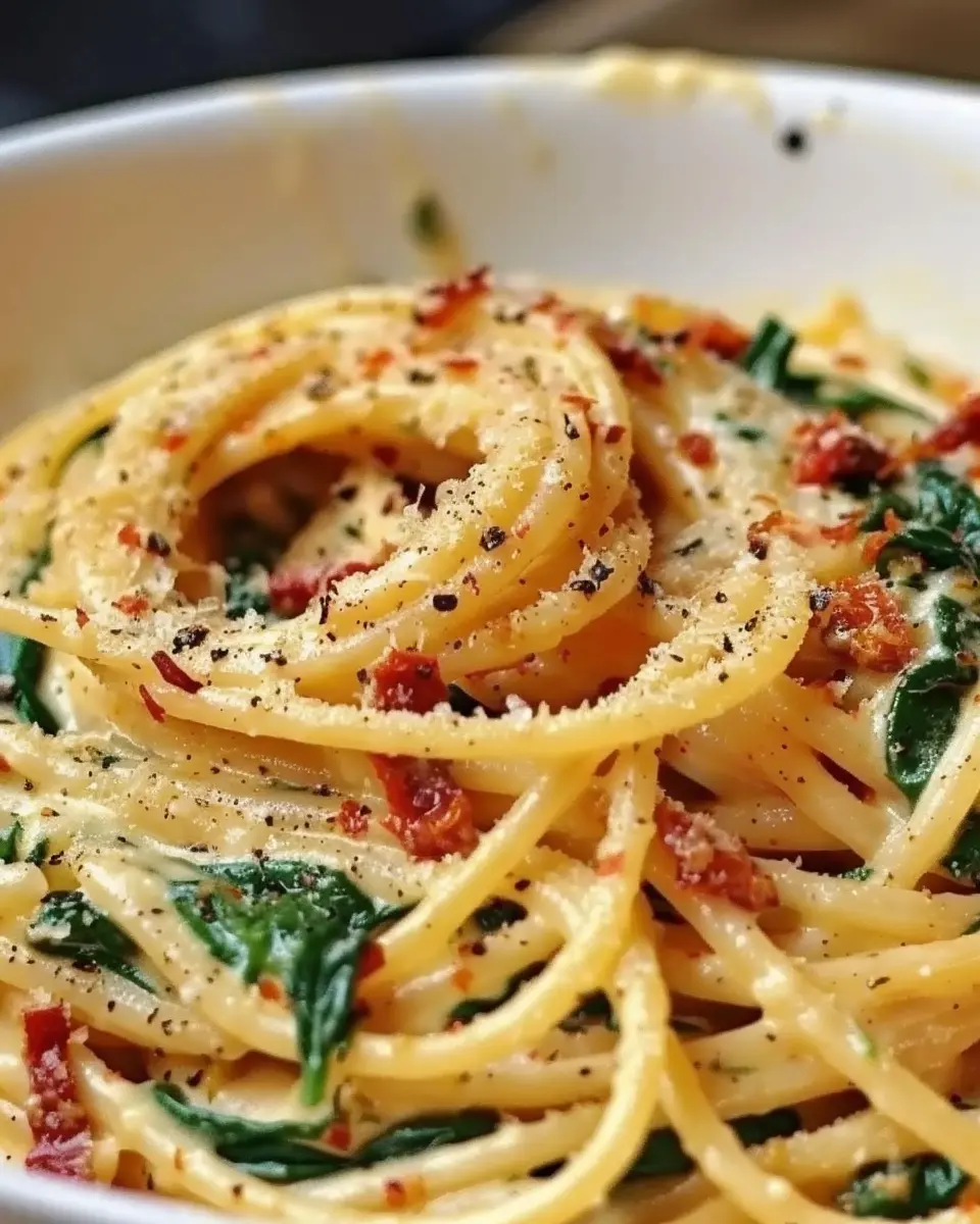 Spaghetti Spinach Cream Sauce: Indulgent Recipe with Turkey Bacon