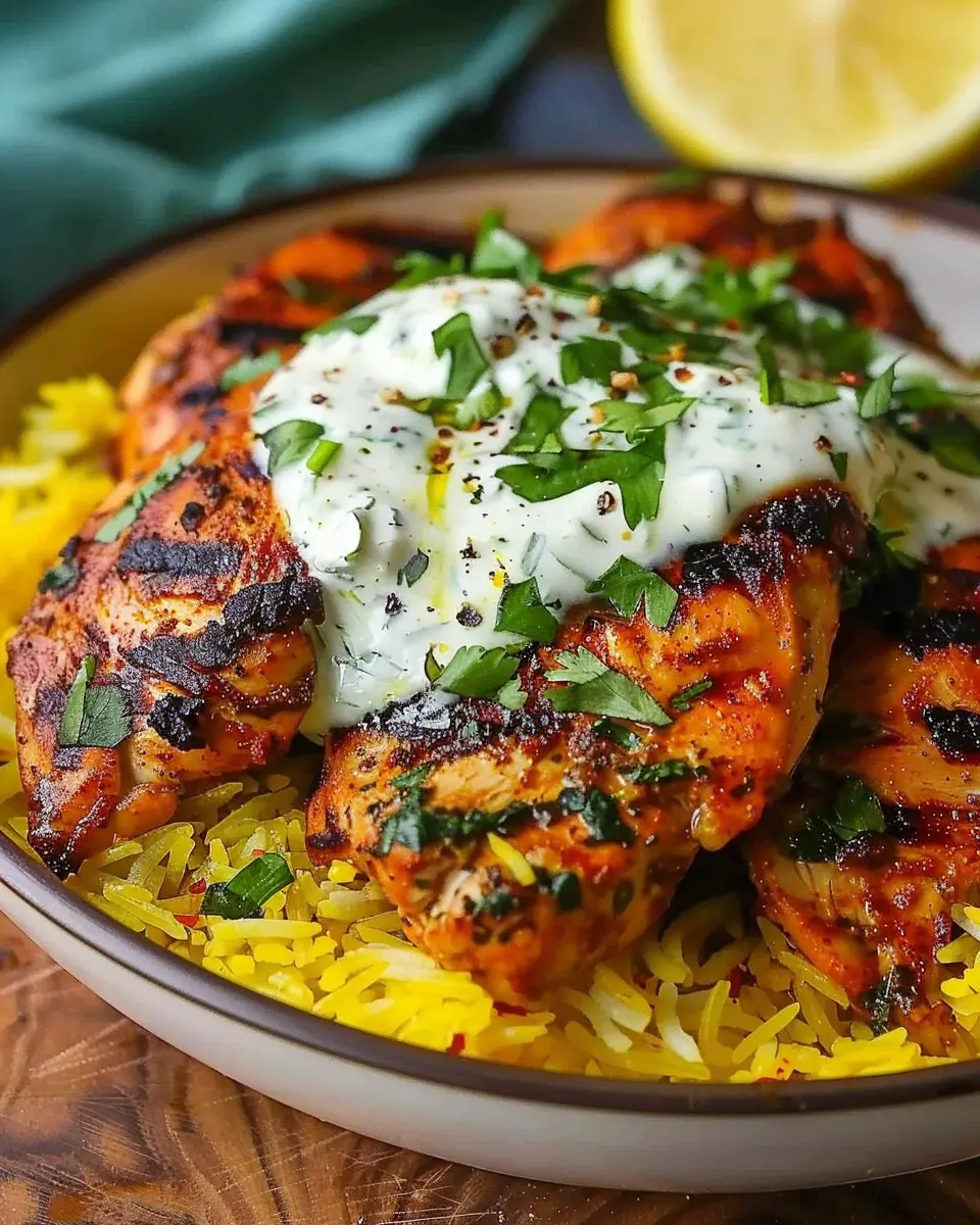 Grilled Chicken Over Saffron Rice with Indulgent Herb Yogurt Sauce