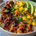 Grilled Maple Sriracha Chicken Bites with Coconut Rice & Mango Avocado Salsa Bowl