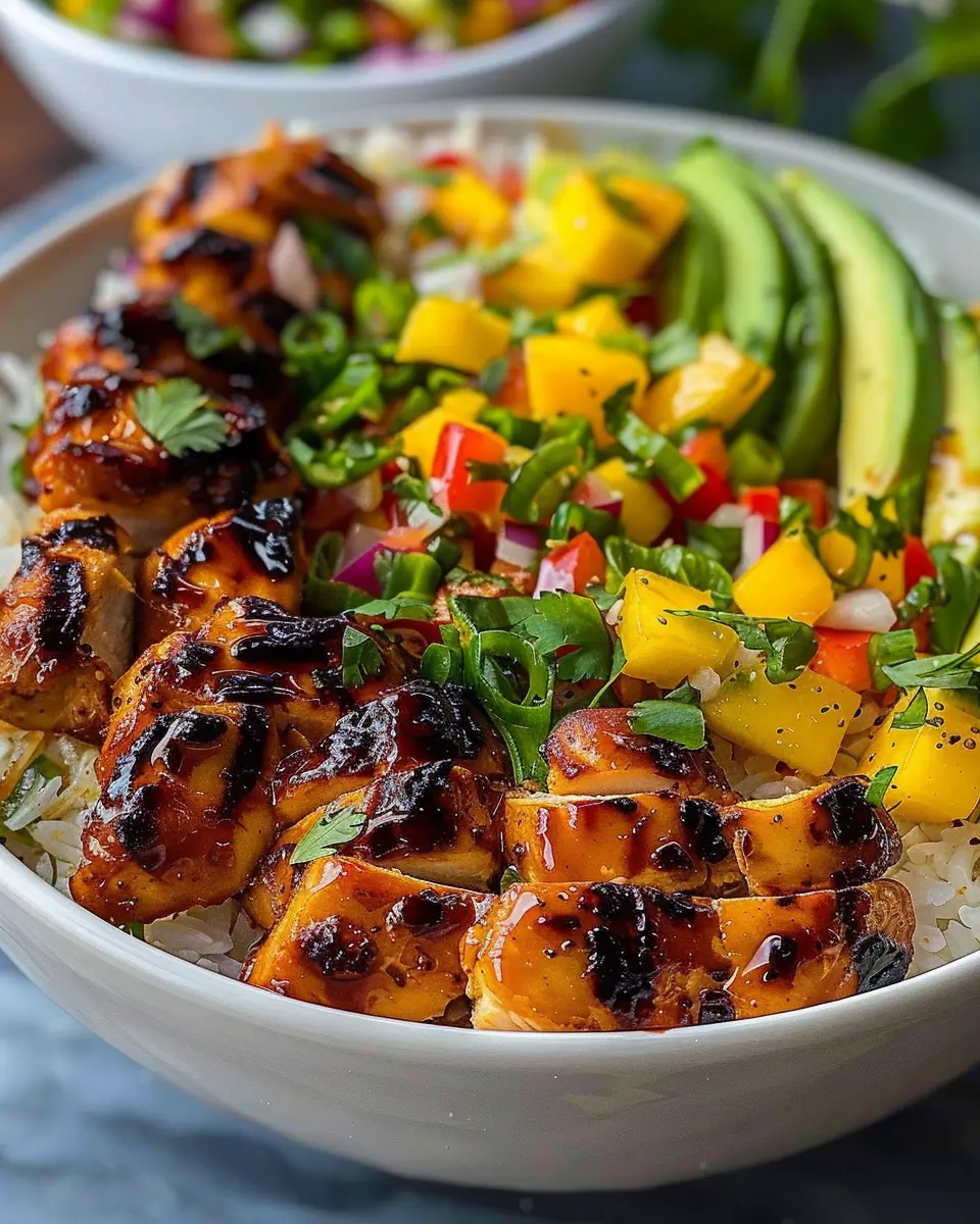Grilled Maple Sriracha Chicken Bites: Easy Bowl with Coconut Rice and Mango Avocado Salsa